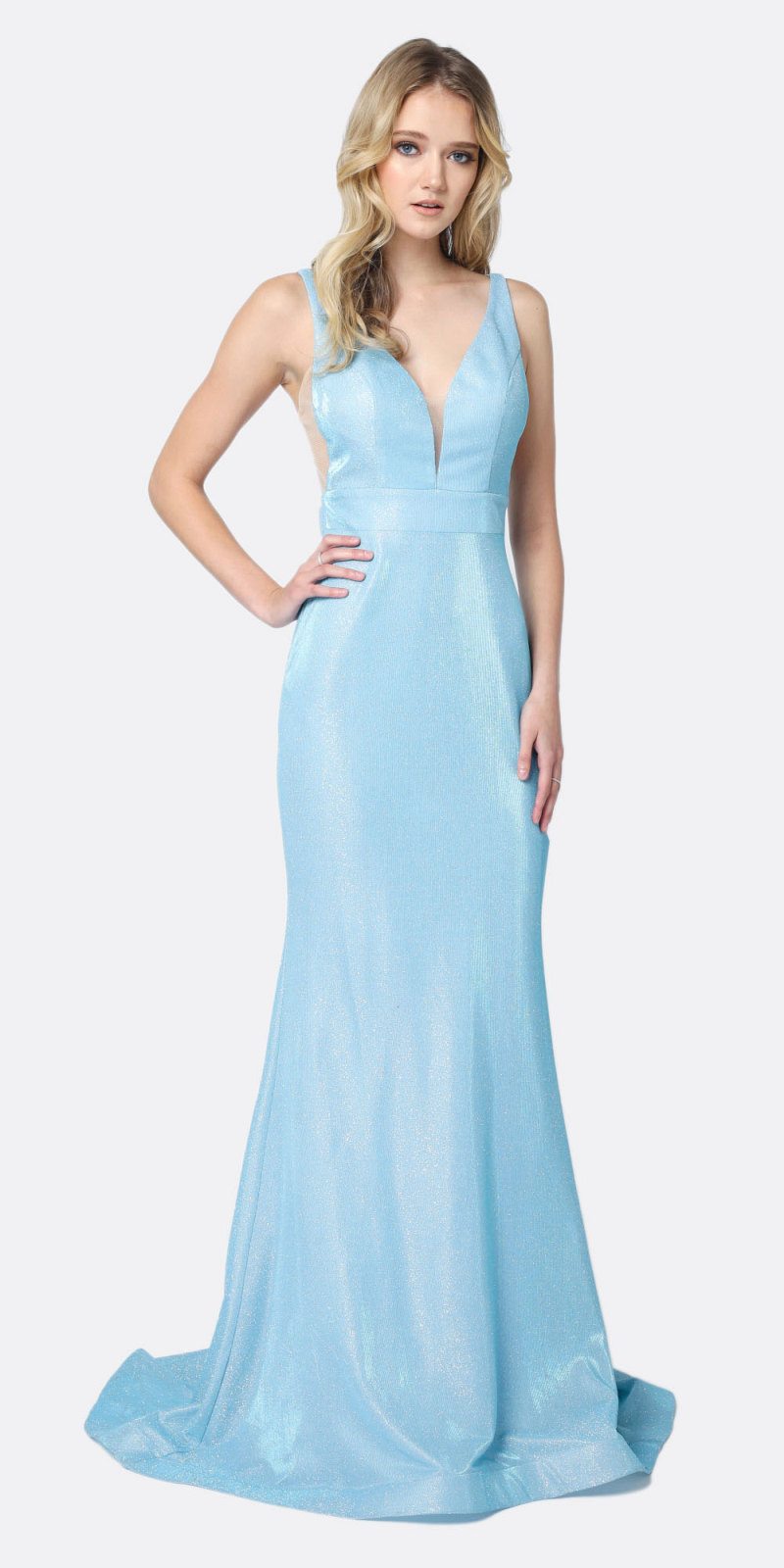 Juliet 695 Vestido tubo brillante hasta el suelo con escote pronunciado en V