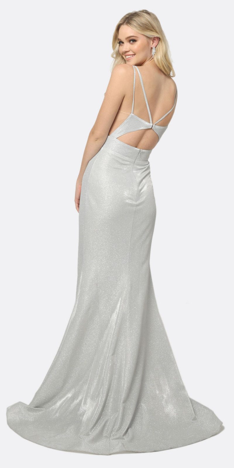 Juliet 695 Vestido tubo brillante hasta el suelo con escote pronunciado en V