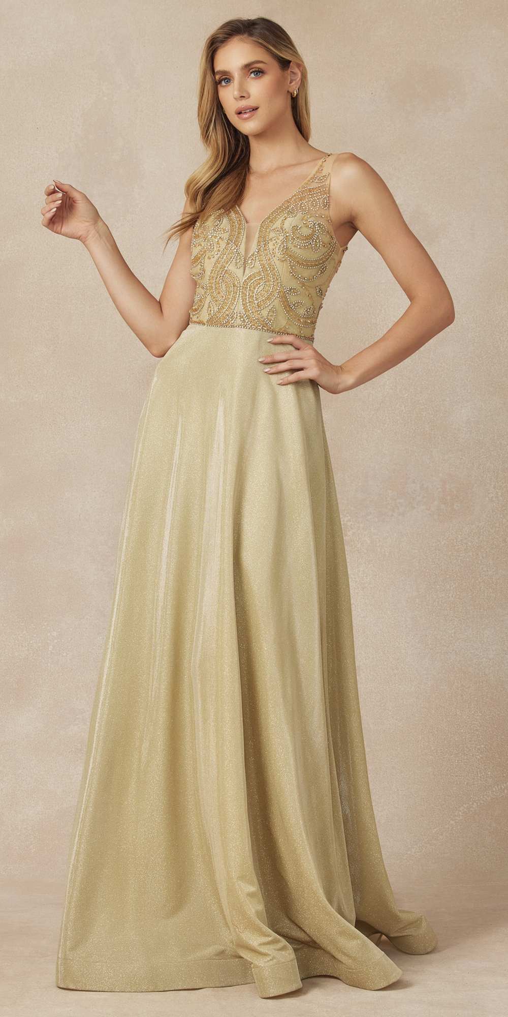 Juliet 699 Metallic Glitter Dress Embellished Bodice V-Neck Sleeveless