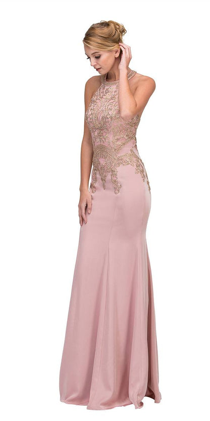 CLEARANCE - Eureka 7033 Embroidered Halter Mermaid Long Dress Racer Back (Size Small)
