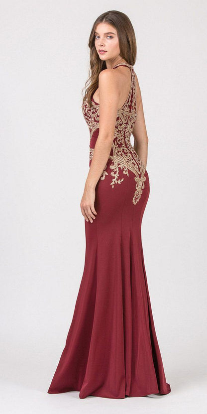 CLEARANCE - Eureka 7033 Embroidered Halter Mermaid Long Dress Racer Back (Size Small)
