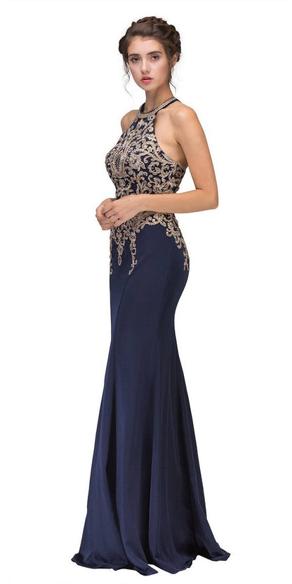 CLEARANCE - Eureka 7033 Embroidered Halter Mermaid Long Dress Racer Back (Size Small)