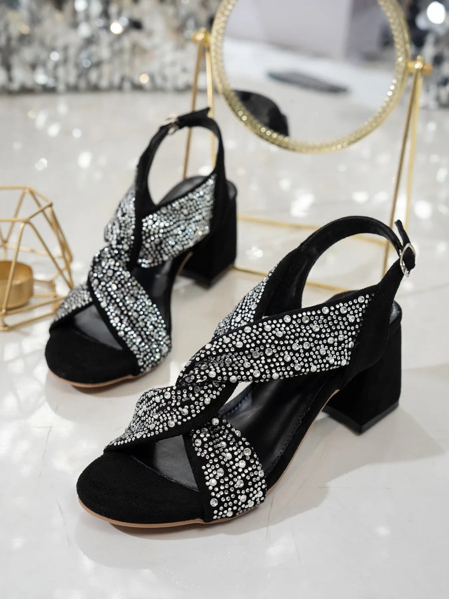 Rhinestone Block Heel Sandals