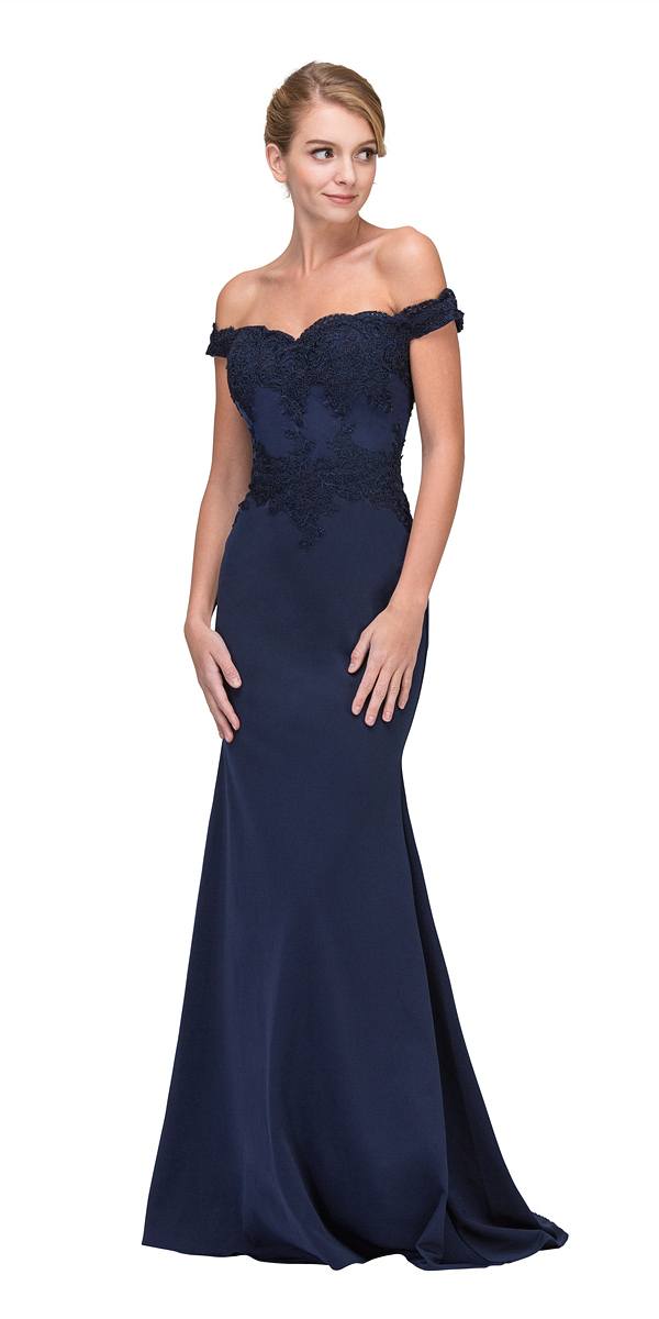 CLEARANCE - Eureka 7100 Lace Appliqued Bodice Long Dress Off-Shoulder (Size S)