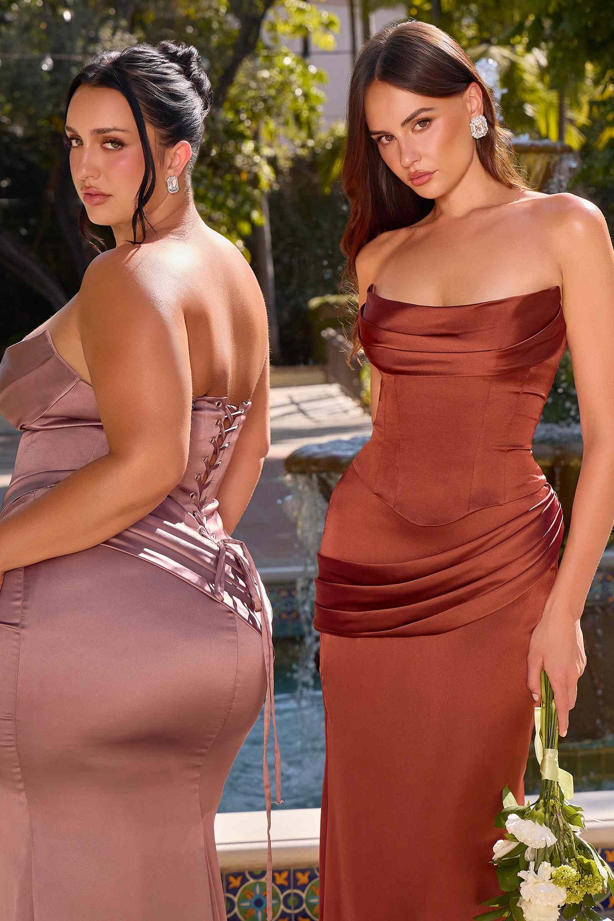 Vestido de noche ajustado de dos piezas sin tirantes de satén de lujo Ladivine 7439