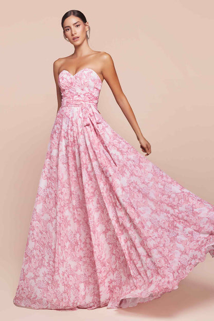 Ladivine 7443 Dress Strapless A-Line Floral Satin Dress
