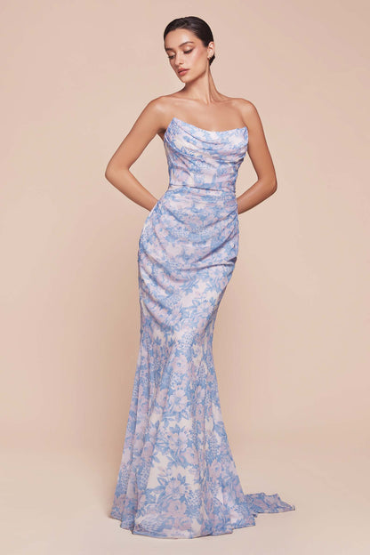 Ladivine 7445 Dress Strapless Floral Printed Fitted Soft Satin Dress