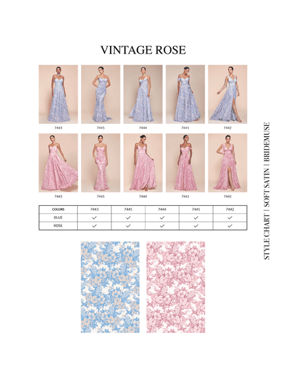 Ladivine 7445 Dress Strapless Floral Printed Fitted Soft Satin Dress
