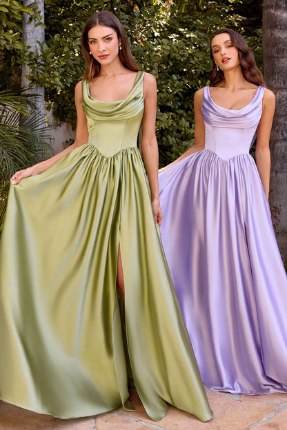 Ladivine 7446 A-Line Fitted Bodice Cowl Neckline Satin Dress
