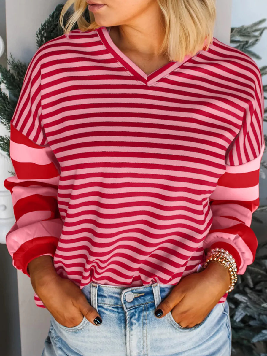 Striped Drop Shoulder V Neck Top