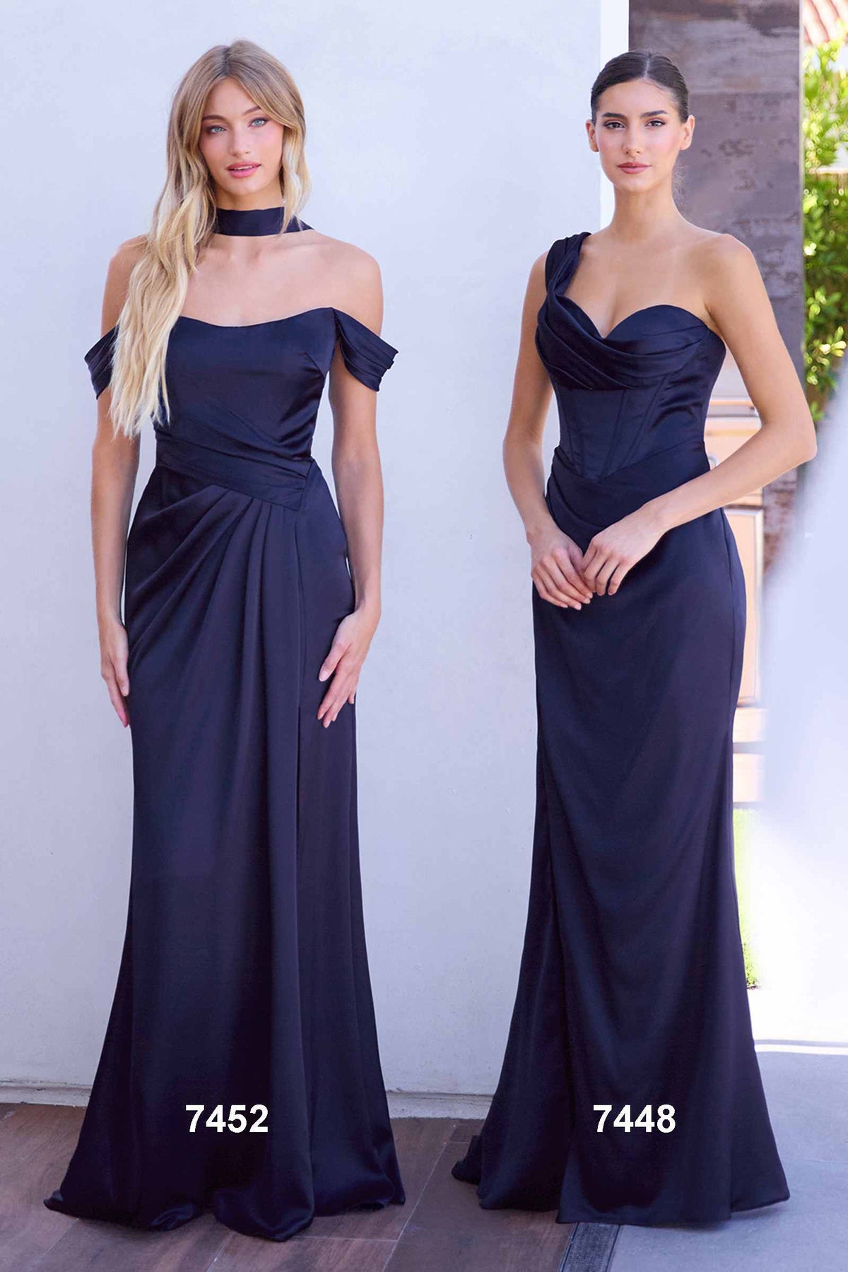 Vestido Ladivine 7452 de satén con corsé con cordones y hombros descubiertos
