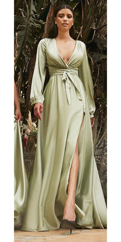 Cinderella Divine 7475C Long Split Blouson Sleeve Formal Dress Thigh Split