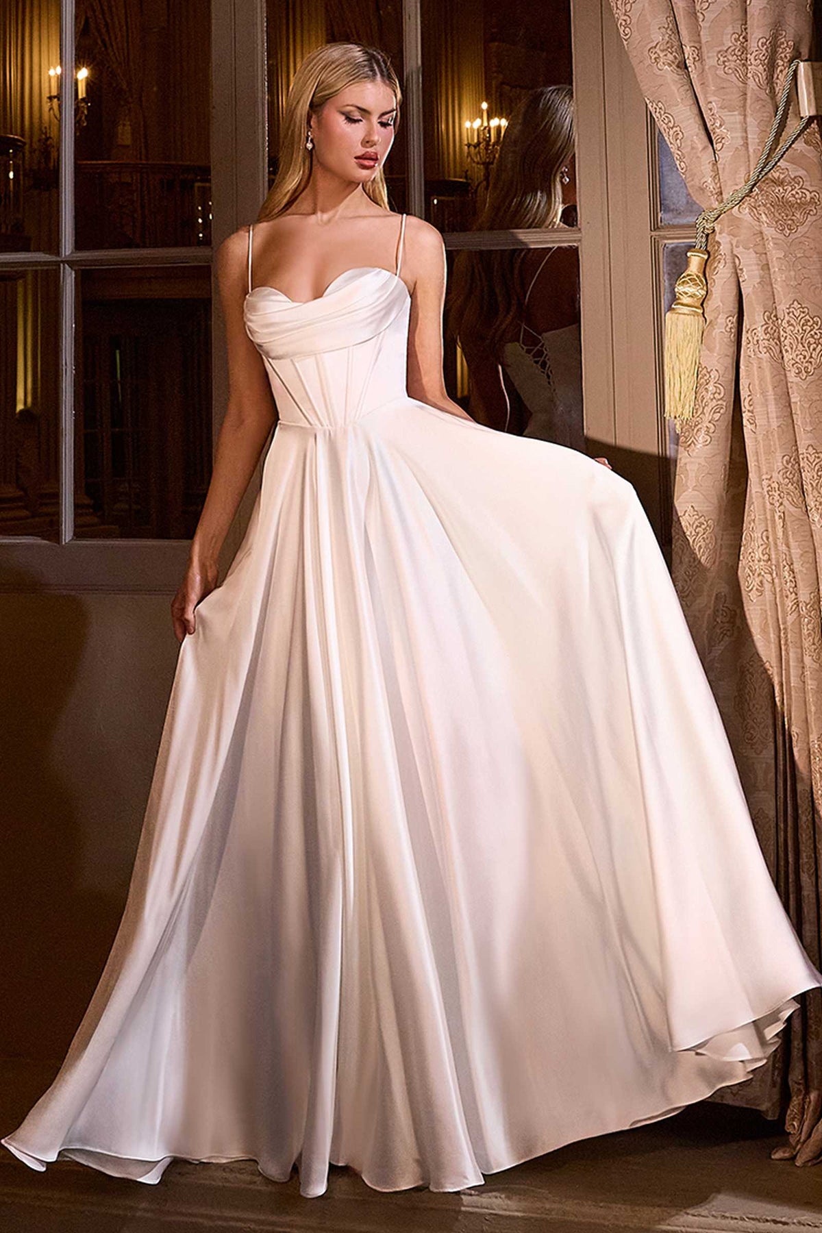 Ladivine 7481W A-Line Bridal Gown Pleated Neckline Spaghetti Straps