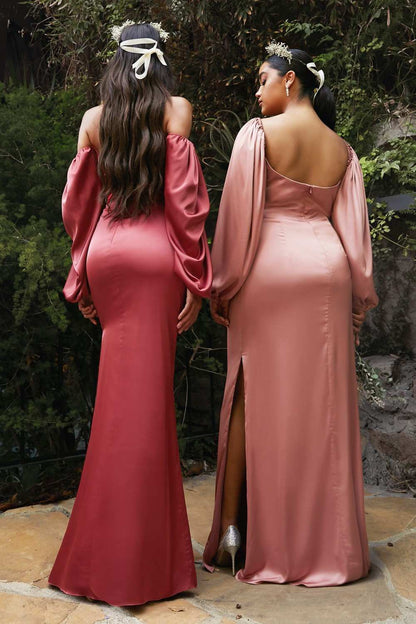 Cinderella Divine 7482C Long Sleeve Off the Shoulder Soft Satin Fitted Dress