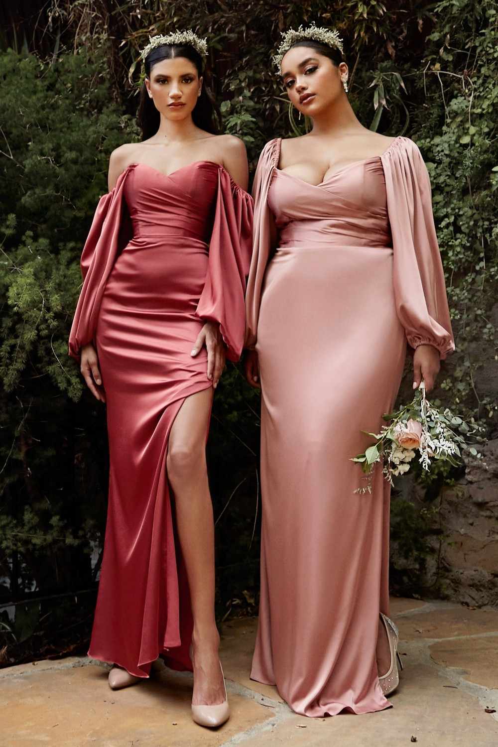 Cinderella Divine 7482C Long Sleeve Off the Shoulder Soft Satin Fitted Dress