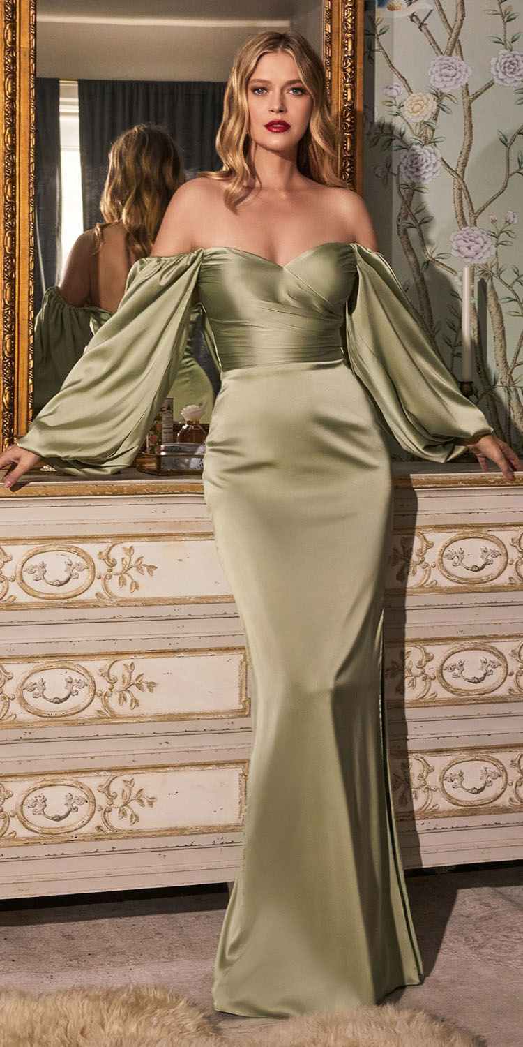 Cinderella Divine 7482C Long Sleeve Off the Shoulder Soft Satin Fitted Dress