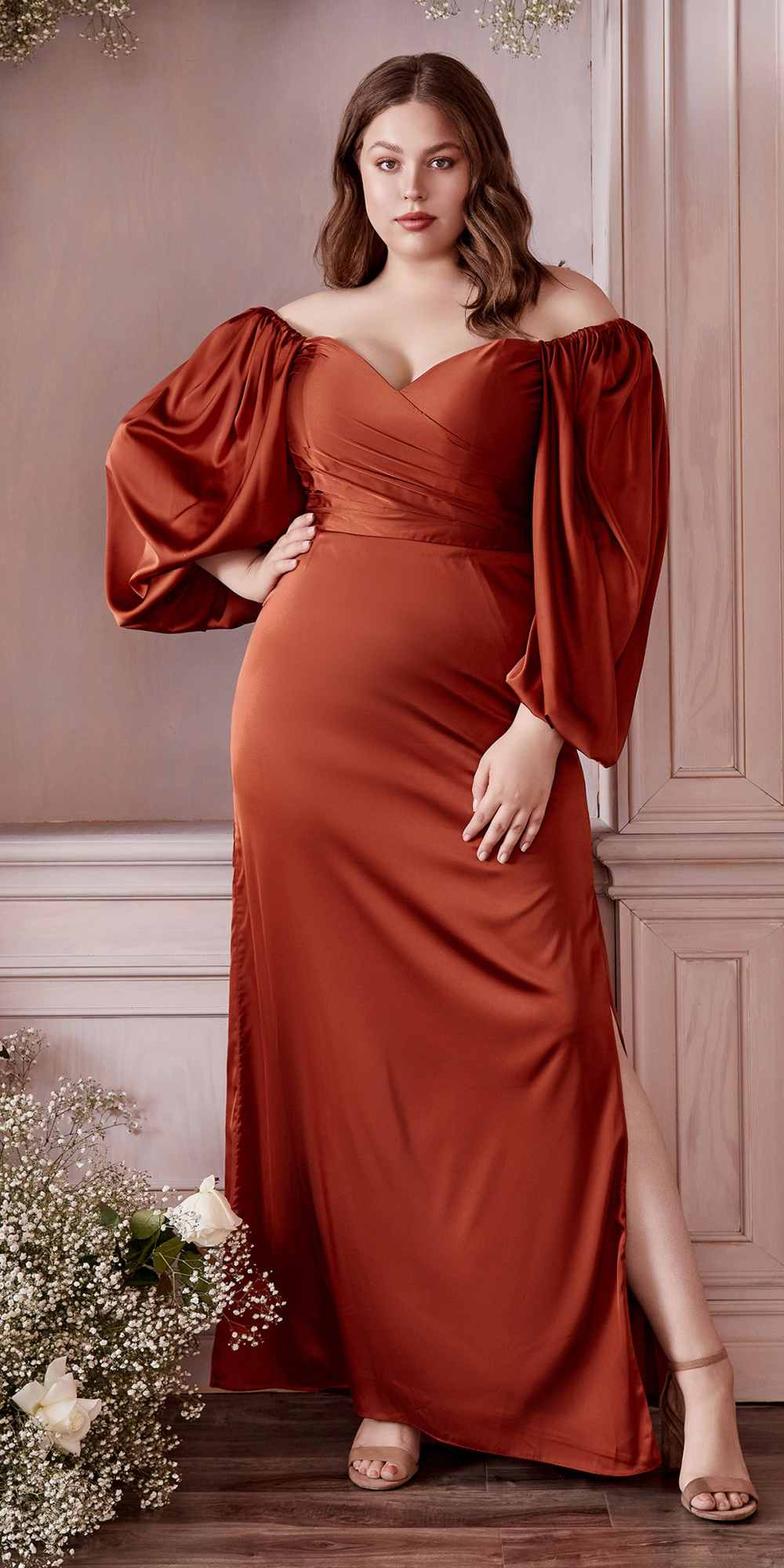 Cinderella Divine 7482C Long Sleeve Off the Shoulder Soft Satin Fitted Dress