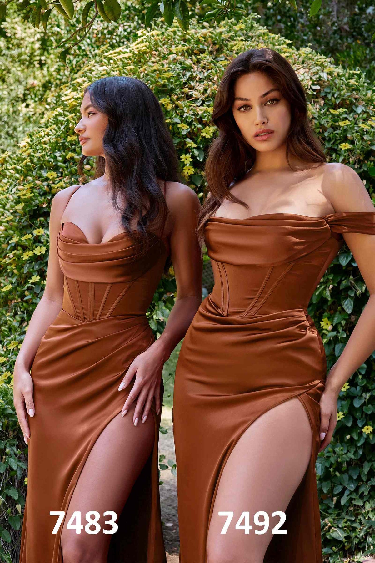 Vestido formal largo de satén Cinderella Divine 7483 con corsé y escote tipo cowl
