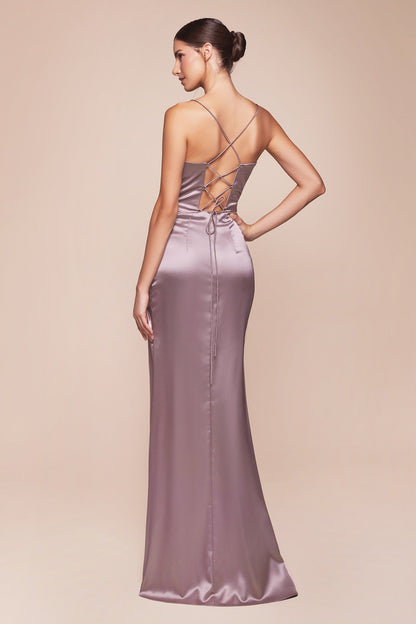 Cinderella Divine 7483 Long Corset Cowl Neckline Formal Satin Gown