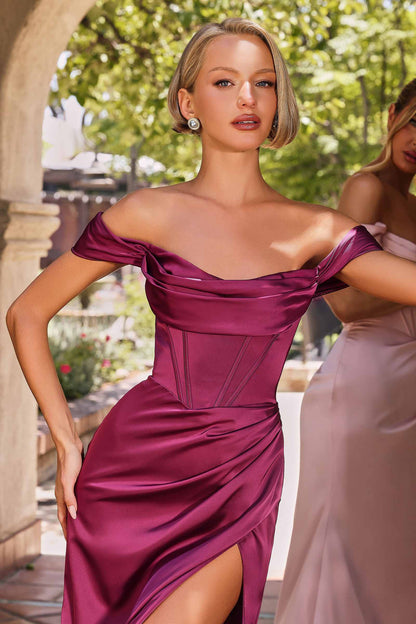 Cinderella Divine 7492C Satin Off the Shoulder Corset Satin Gown