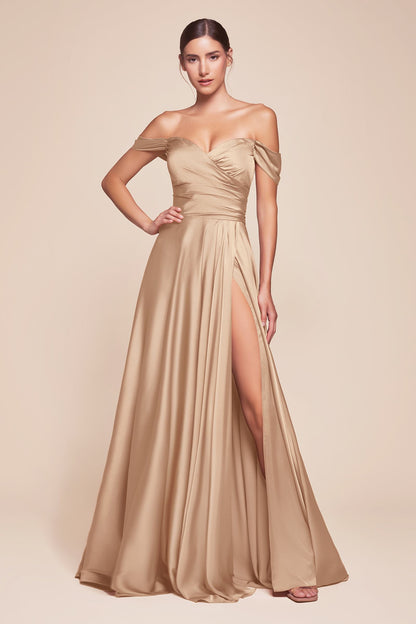 Cinderella Divine 7493C Long Plus Size A-Line Off the Shoulder Satin Dress
