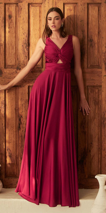 Ladivine 7497 Long A-Line Satin Keyhole Twisted Bodice Formal Gown