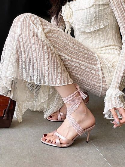 Women Open Toe Lace-up Roman Sandals, 2026 Summer New Elegant Celebrity Style Black Stiletto High Heels