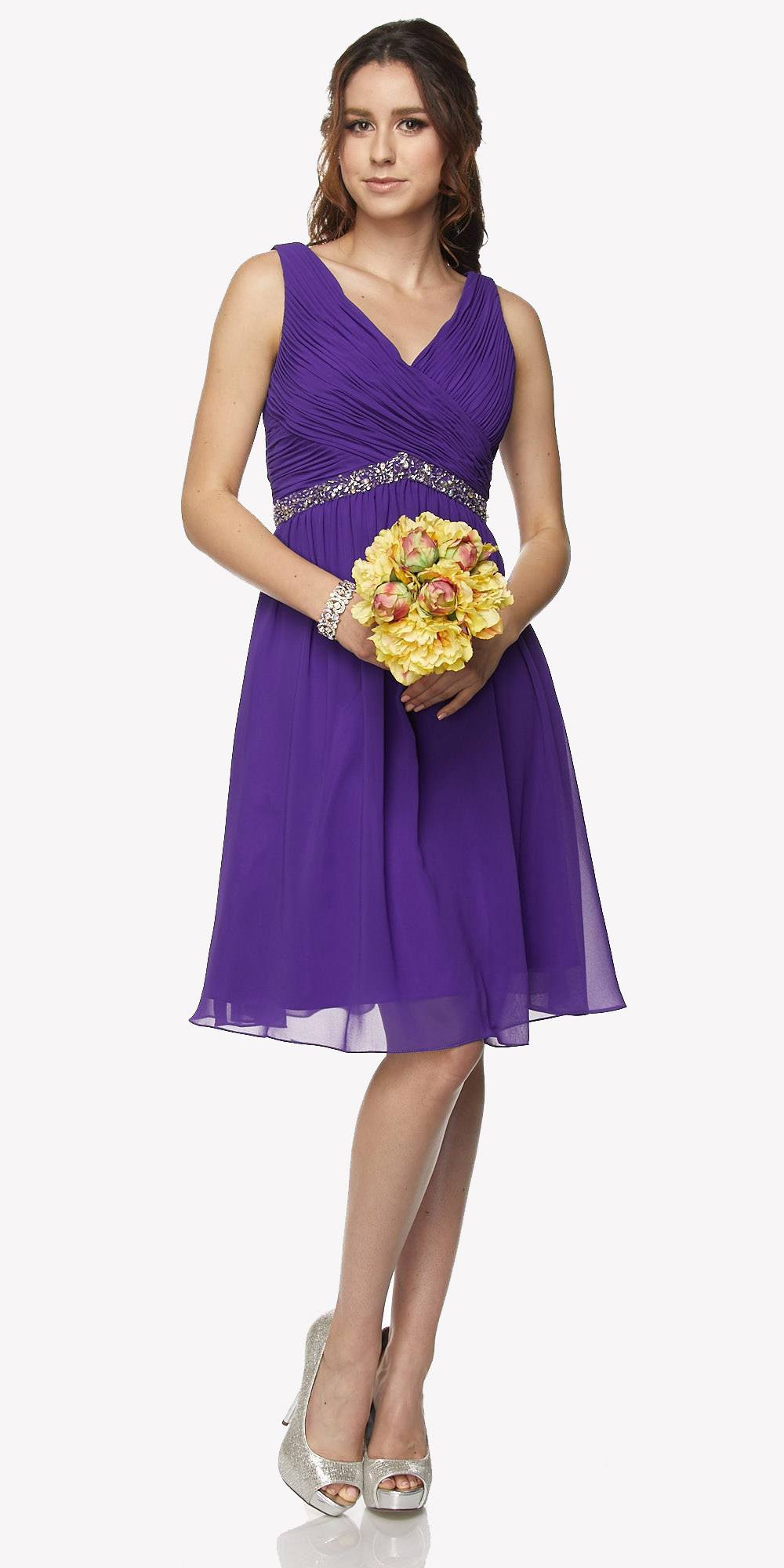 Juliet 786 Ruched V-Neck Cocktail Dress Embellished Waist