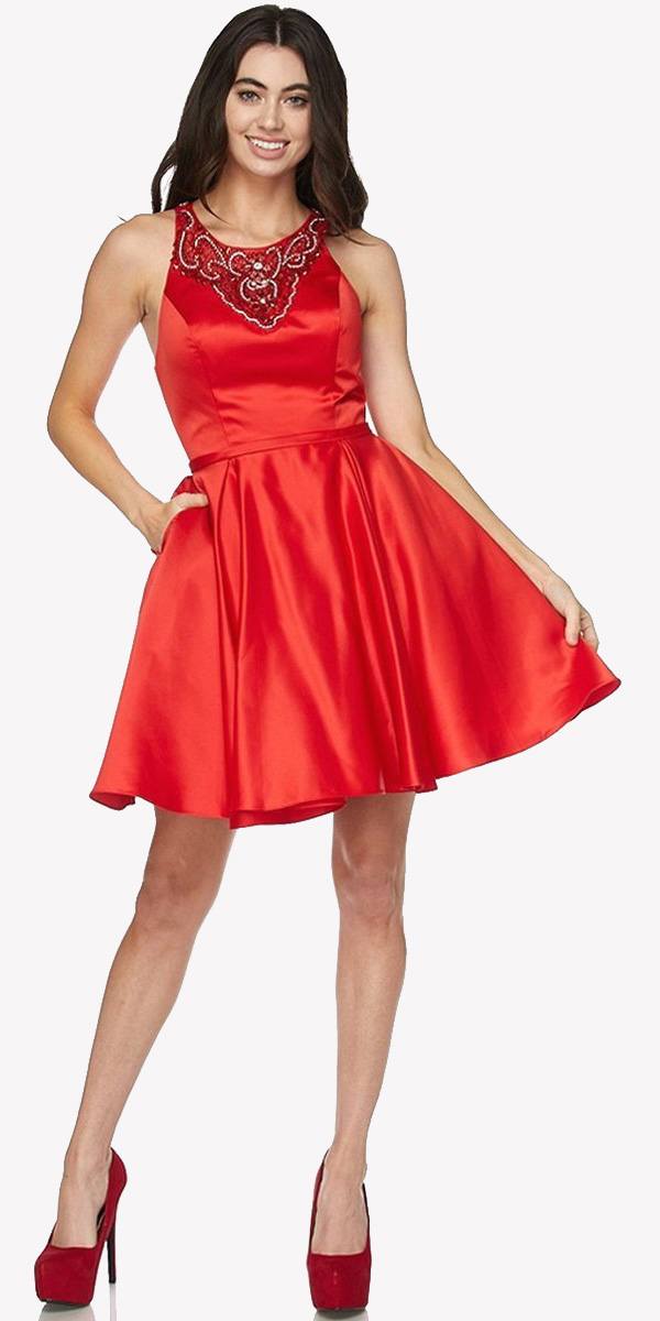 Juliet 794 Beaded Scoop Neck Short Satin Dress