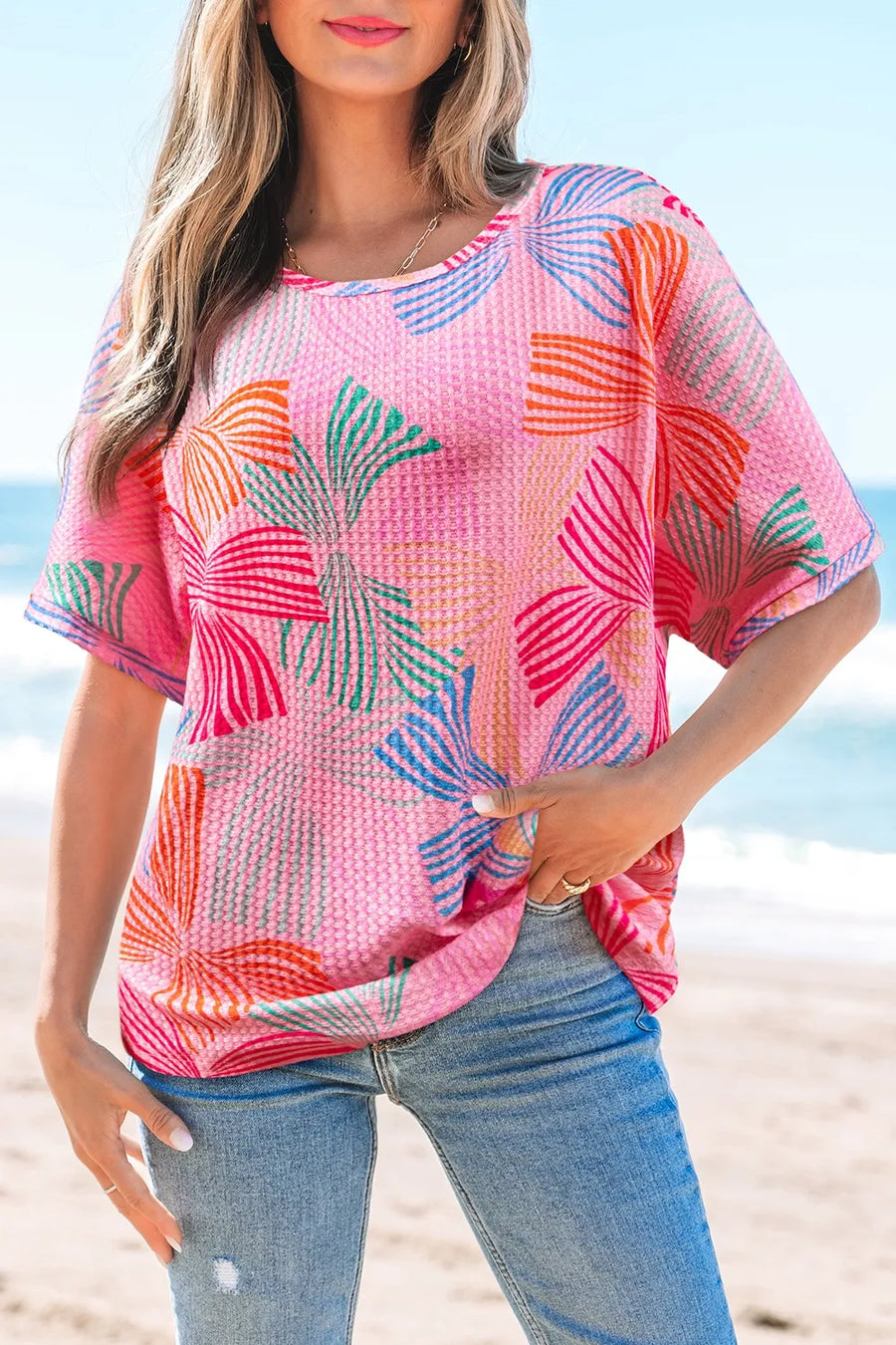 Printed Waffle Knit Oversized T-Shirt