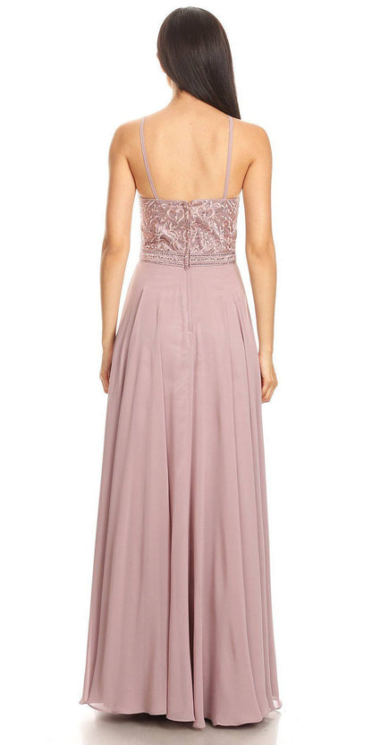 CLEARANCE - Eureka 8111 Chiffon Halter A-line Long Dress Lace Appliqued Bodice (Size L)