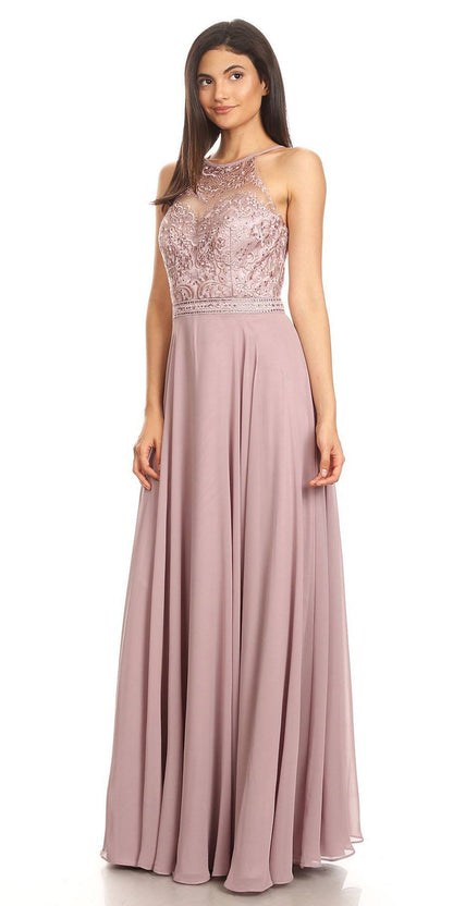 CLEARANCE - Eureka 8111 Chiffon Halter A-line Long Dress Lace Appliqued Bodice (Size L)