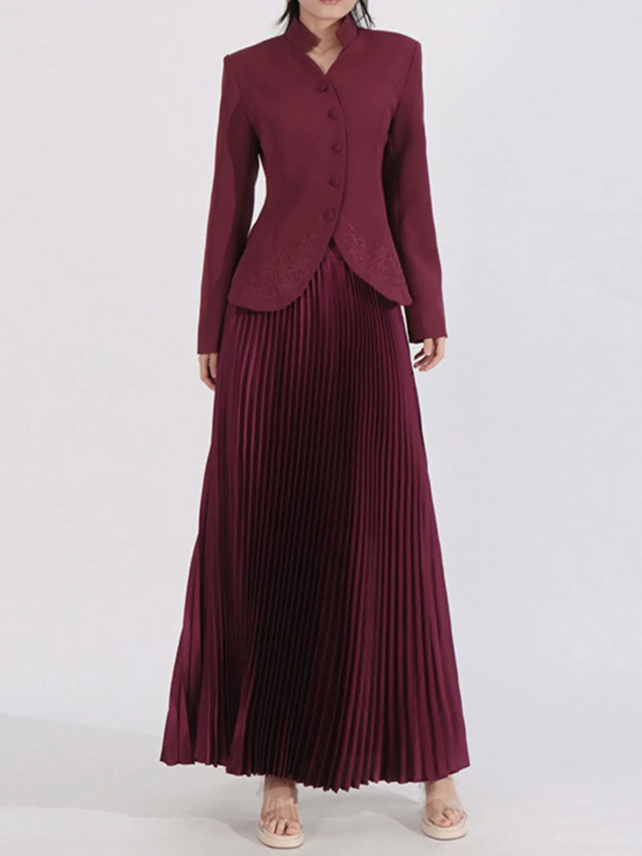 Button Up Long Sleeve Top and Pleated Skirt Set