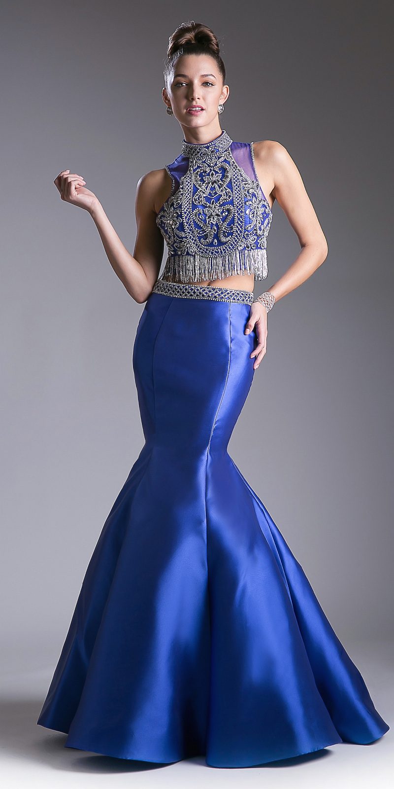 Cenicienta Divina 84016 Vestido de Noche de Sirena de Dos Piezas con Corsé de Pedrería y Espalda de Tirantes