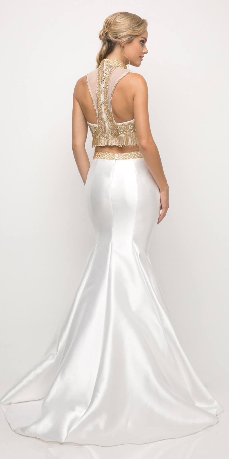 Cenicienta Divina 84016 Vestido de Noche de Sirena de Dos Piezas con Corsé de Pedrería y Espalda de Tirantes