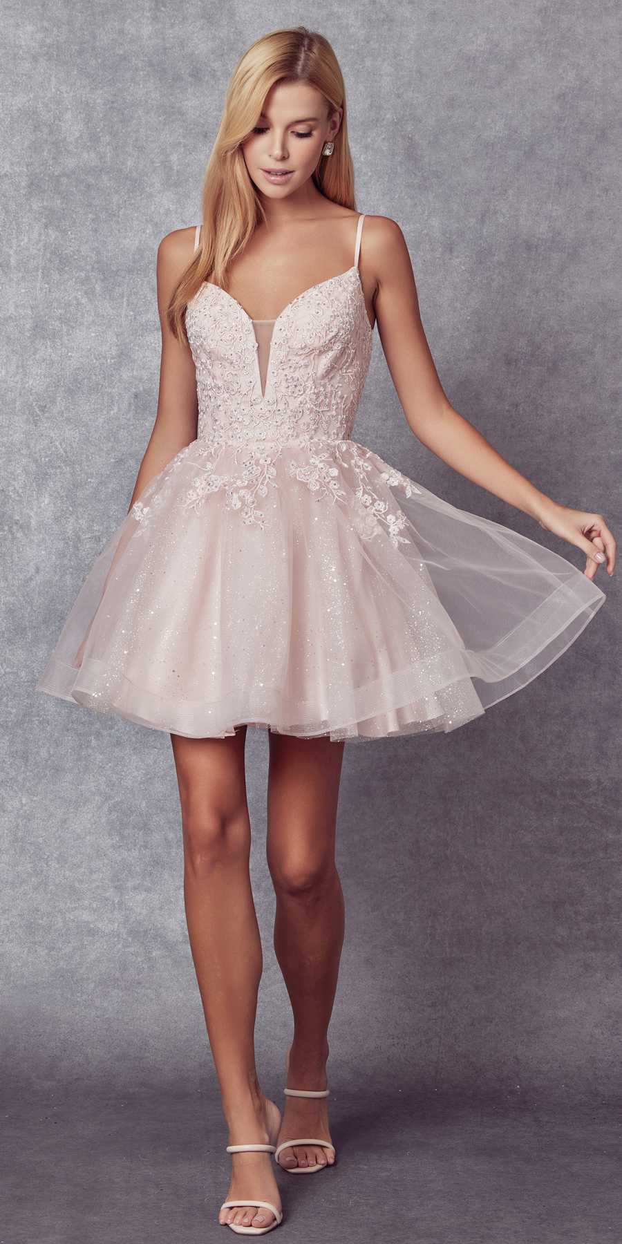 Juliet 859 Short Floral Applique Glitter Tulle A-Line Dress