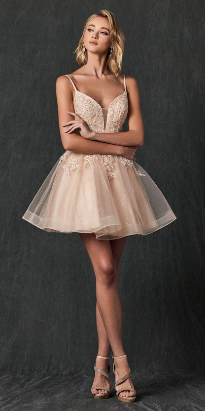 Juliet 859 Short Floral Applique Glitter Tulle A-Line Dress