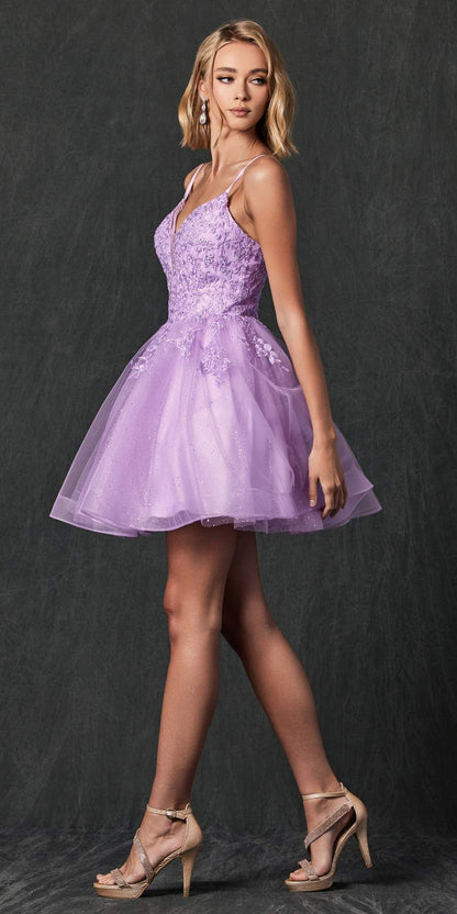 Juliet 859 Short Floral Applique Glitter Tulle A-Line Dress