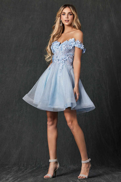 Juliet 861 Floral Embroidered Glitter Mesh Short A-Line Dress