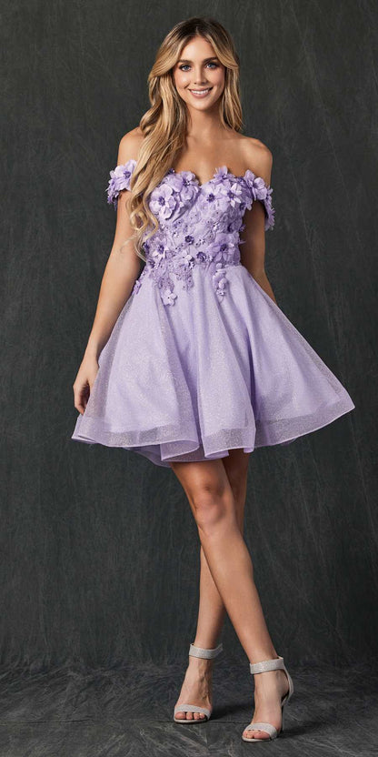 Juliet 861 Floral Embroidered Glitter Mesh Short A-Line Dress