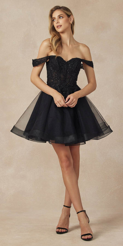 Juliet 880 Glitter Tulle A-Line Cold-Shoulder Homecoming Dress.