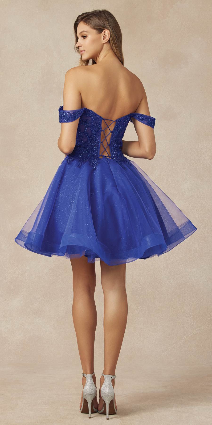 Juliet 880 Glitter Tulle A-Line Cold-Shoulder Homecoming Dress.