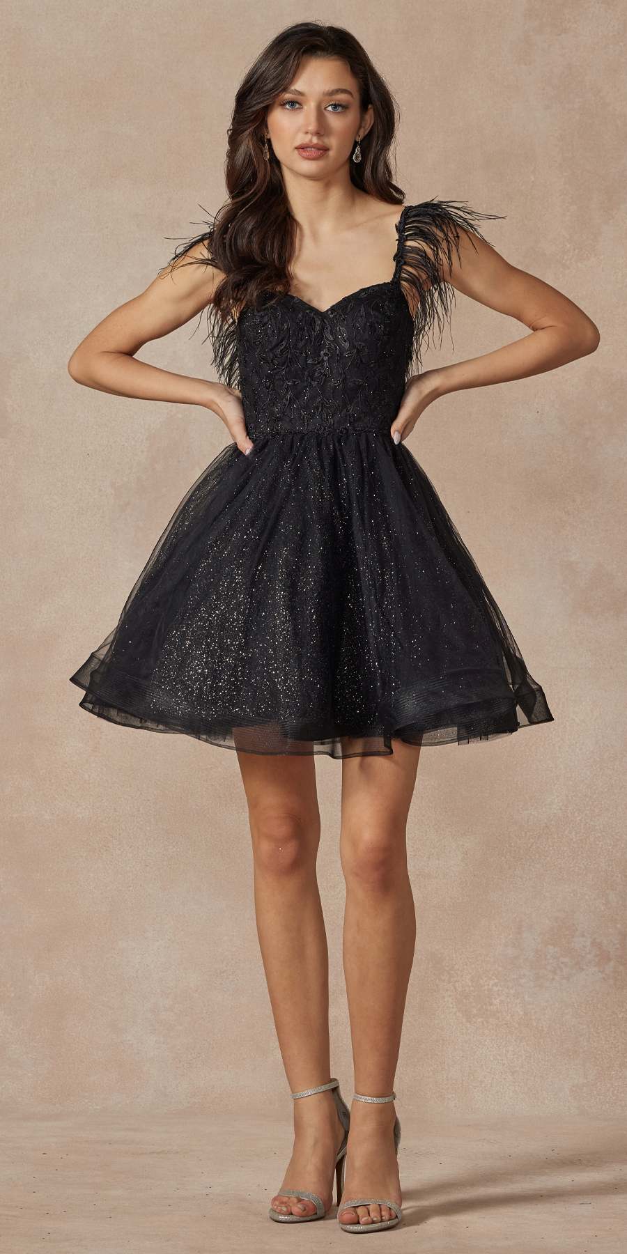 Juliet 881 Feather Straps Sheer Bodice Short A-line Tulle Dress