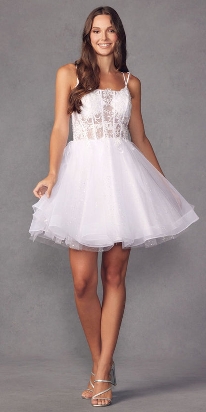 Juliet 883 Short A-Line Glitter Tulle Skirt Square Neck Thin Strap Dress