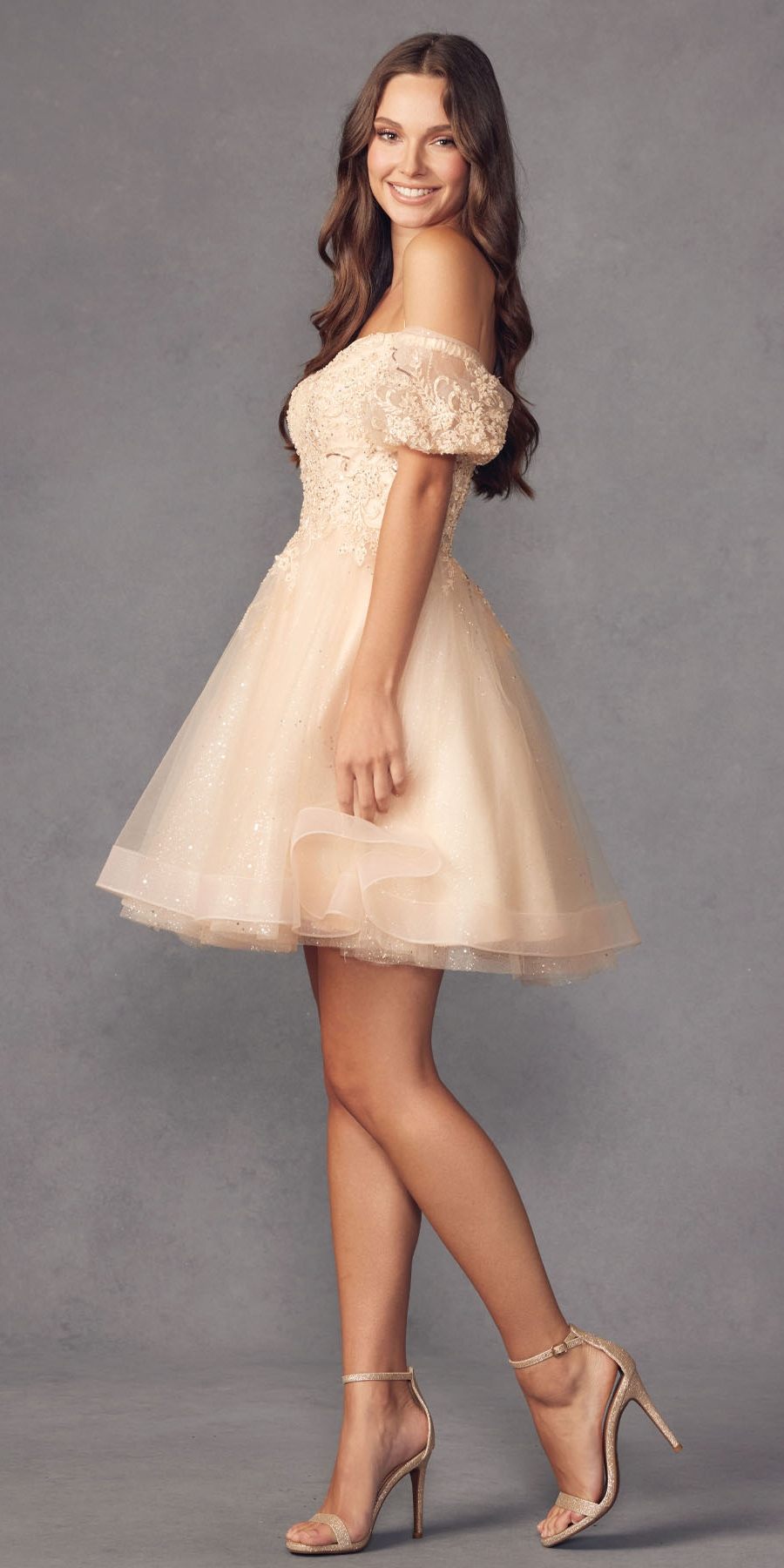 Juliet 886 Short Removable Off Shoulder Puff Sleeves A-Line Tulle Dress