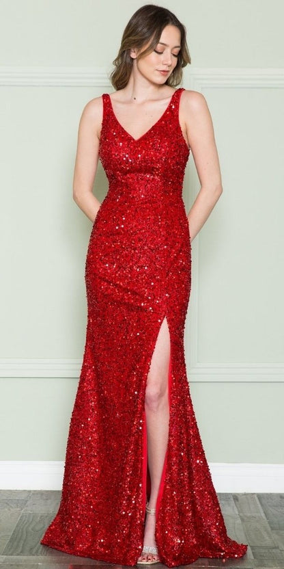CLEARANCE - Poly USA | Ed Young 8872 V-Neck Floor Length Open Slit Sequin Dress (Size S)