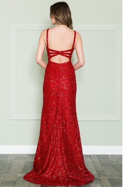 CLEARANCE - Poly USA | Ed Young 8872 V-Neck Floor Length Open Slit Sequin Dress (Size S)