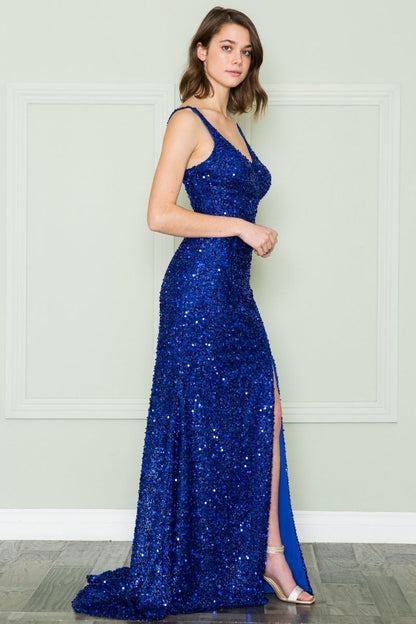 CLEARANCE - Poly USA | Ed Young 8872 V-Neck Floor Length Open Slit Sequin Dress (Size S)