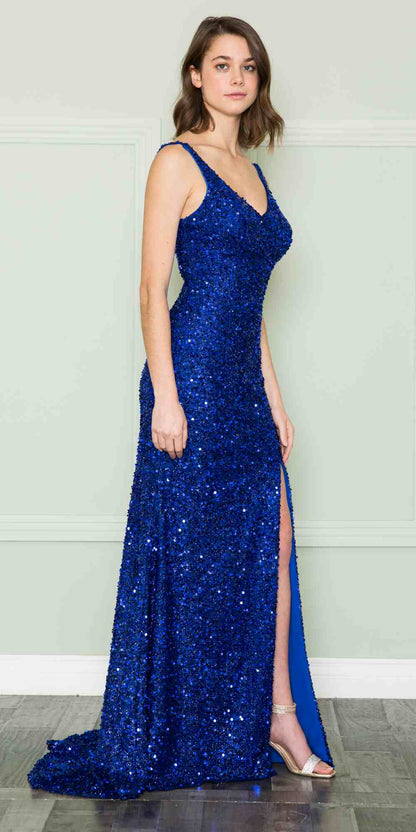 CLEARANCE - Poly USA | Ed Young 8872 V-Neck Floor Length Open Slit Sequin Dress (Size S)