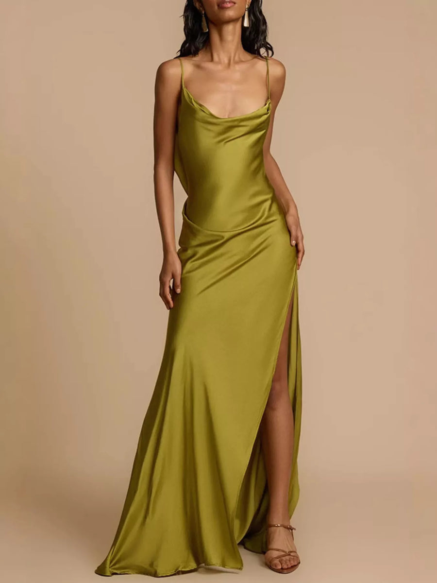 Satin Cowl Neck Slit Maxi Dress
